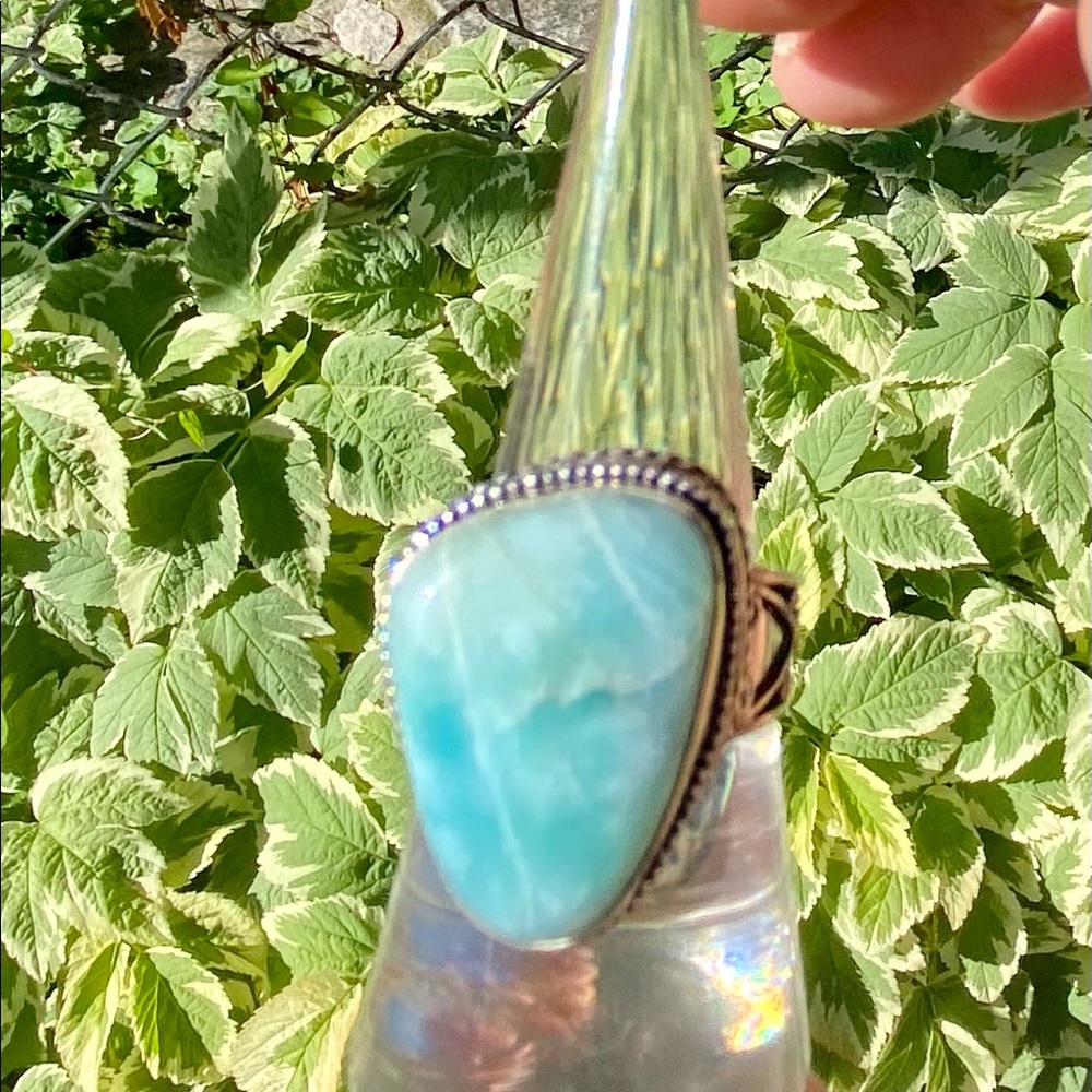 Vintage-Larimar & Sterling Silver Handcrafted Ring Size 9 - Picture 6 of 14